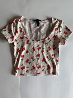 Forever 21 Cream Scoop Neck Crop Top with Red Cherry Print